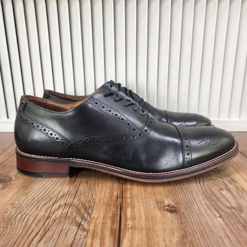 Johnston & Murphy Conard Men 11.5 Black Calfskin Captoe Brogue Oxford Dress Shoe